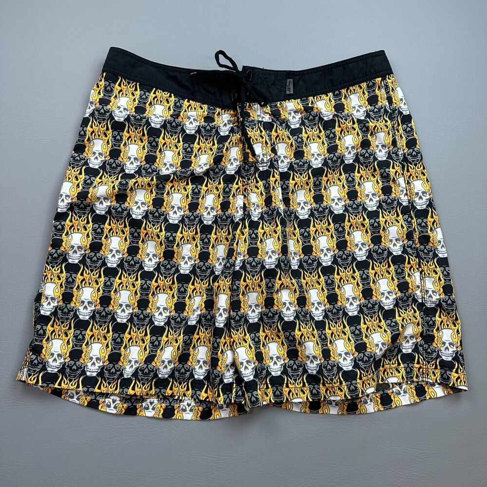 Vintage No Fear Board Shorts Mens 38 Black Flame Skull All Over Print Surf Y2K